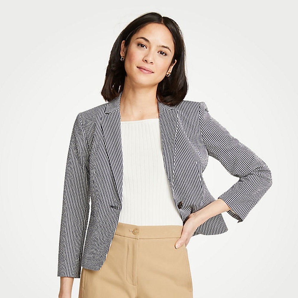 Ann Taylor Seersucker Newbury Blazer, Navy